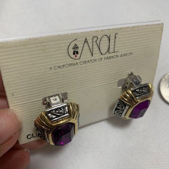 Vintage Carole Two Tones Clip Earrings Designer Jewelry Amethyst Stone - Picture 15 of 16